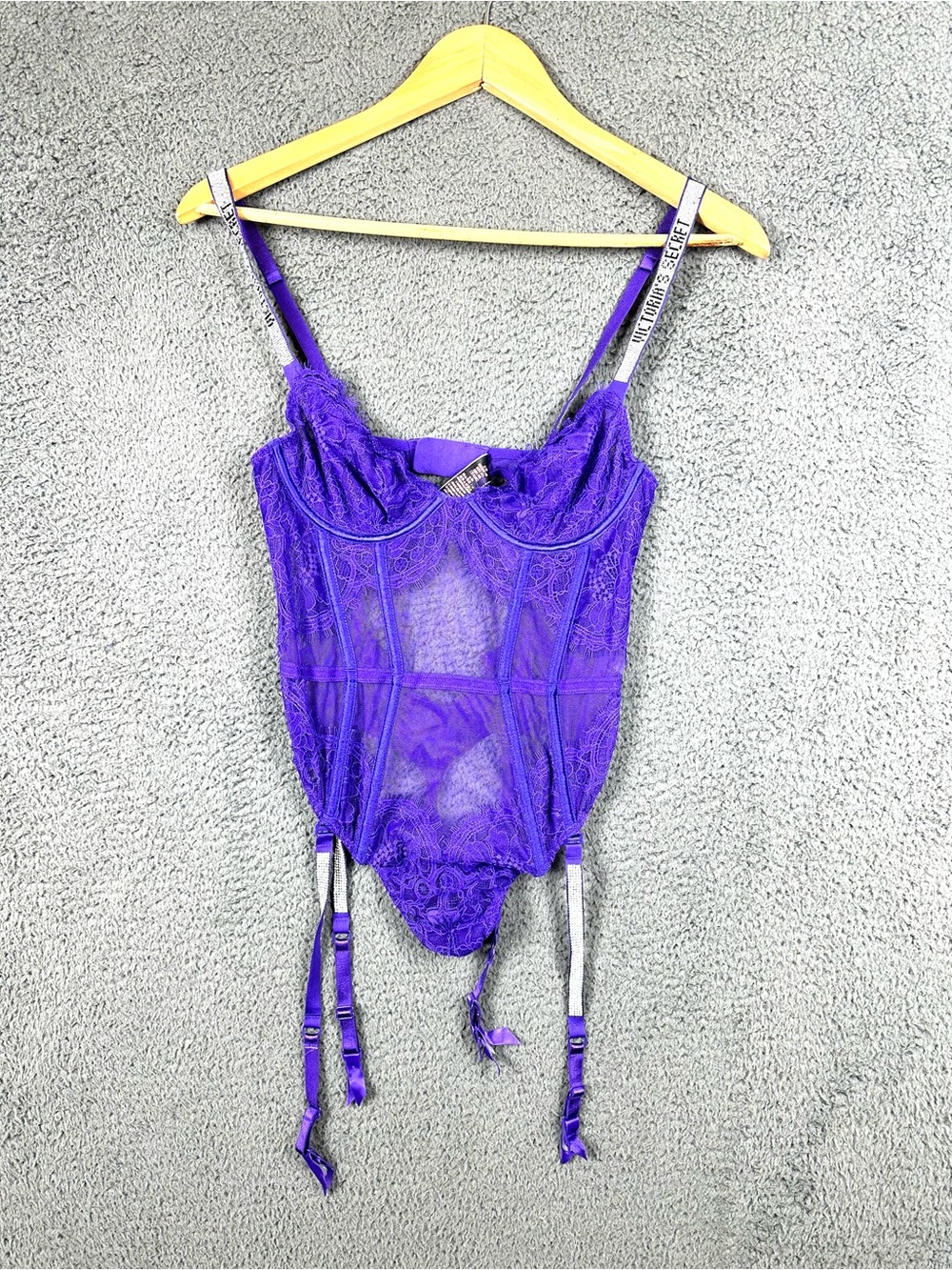 Victoria's Secret Purple Lace Rhinestone Strap Teddy Garter Bodysuit Small
